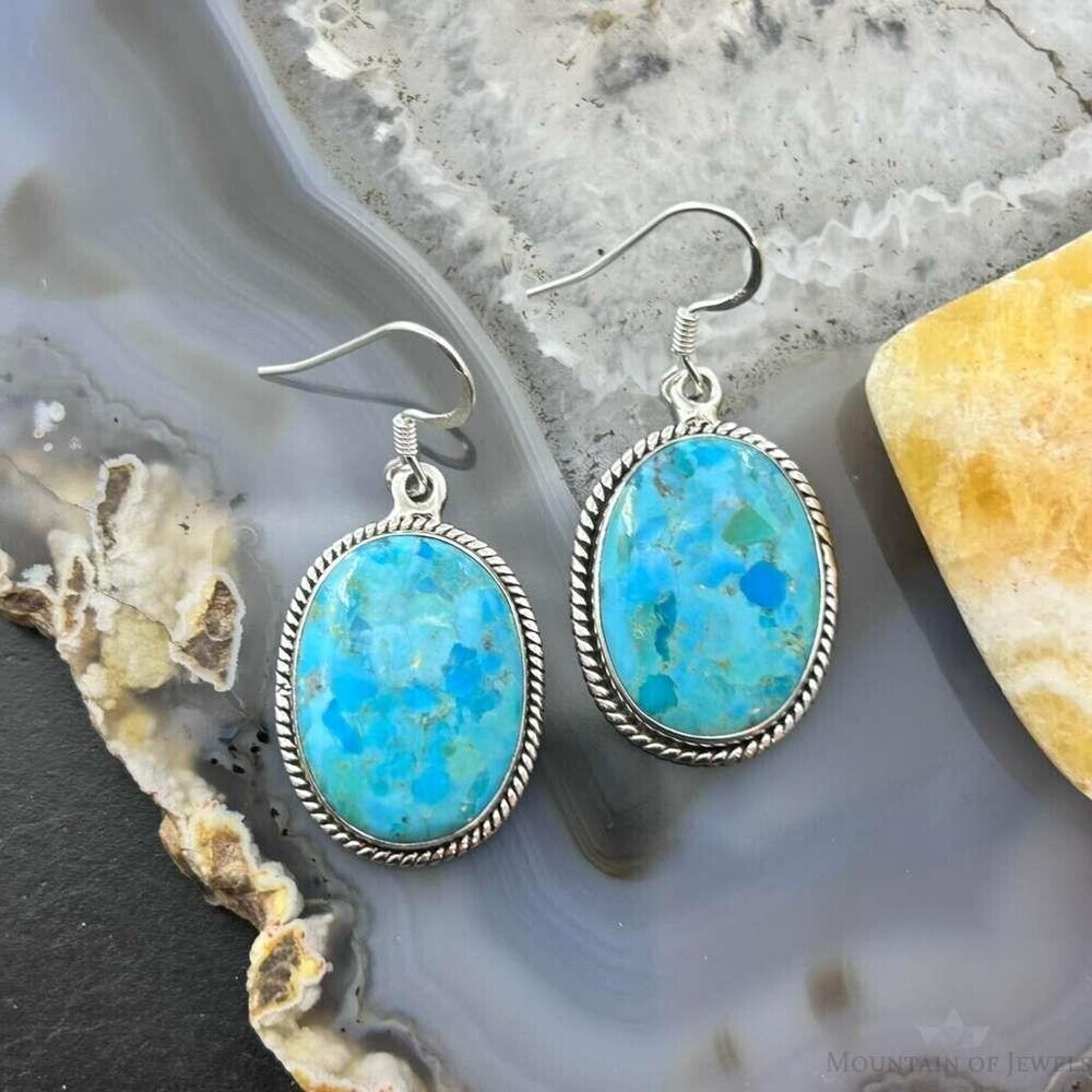 Sterling Southwestern Style Oval Mojave Turquoise Dangle Earrings For Women - Picture 2 of 10